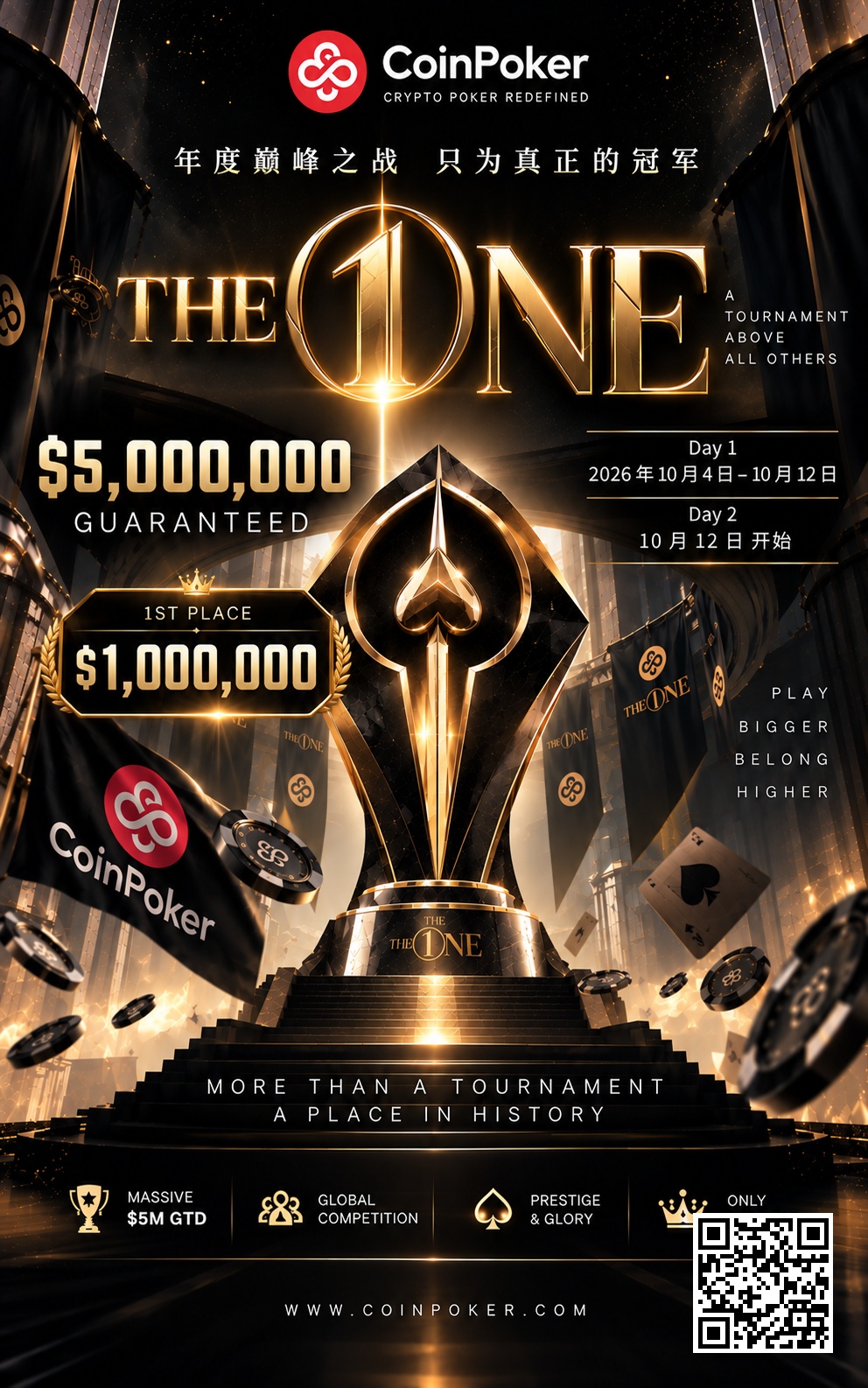 CoinPoker THE ONE 中文赛事海报，包含活动日期、奖金信息，以及底部二维码和网站地址。